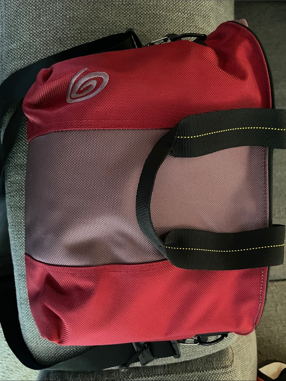 Dark red & purple Timbuk2 crossbody bucket bag with zip closure